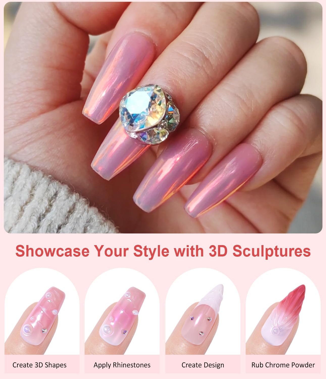 Pearl Chrome Nail Powder BISHENGYF -【Fairy Effect】 Pink Chrome Nail Powder White Pearlesent Aurora Mermaid Iridescent Nail Chrome Powder, Metallic Mirror Glitter Pigment Dust for Nail Art DIY 2PCS