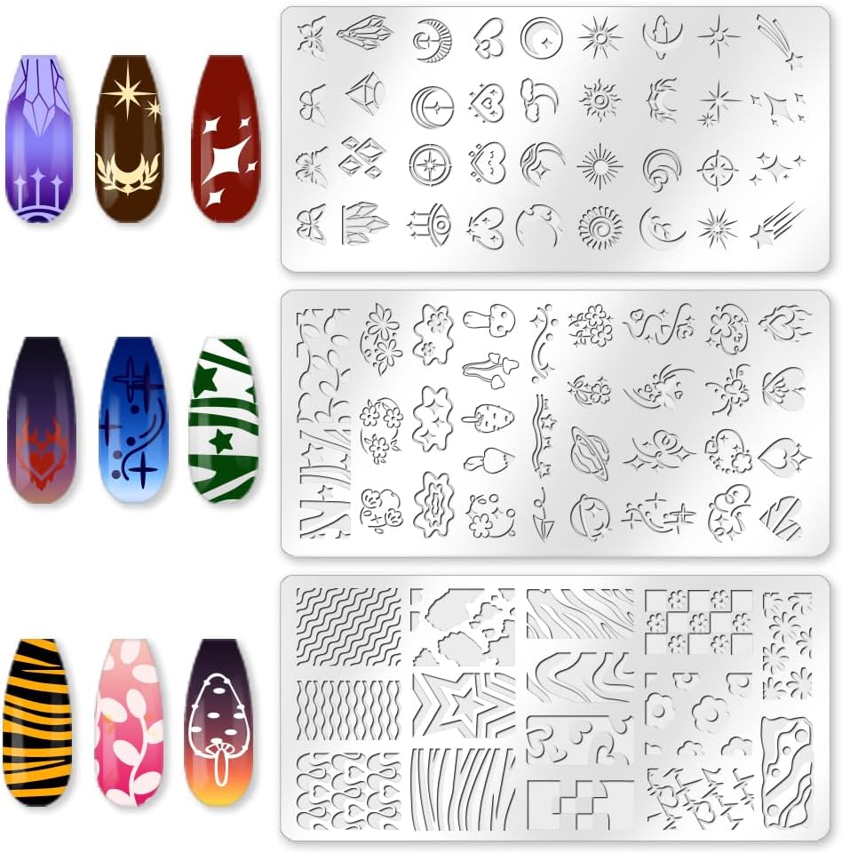 3Pcs Sun Moon Nail Stamping Plate Heart Nail Stamping Templates French Line Tip Art Stamp Sun Moon Plates Stainless Steel DIY Reusable Tools for Manicure Printing