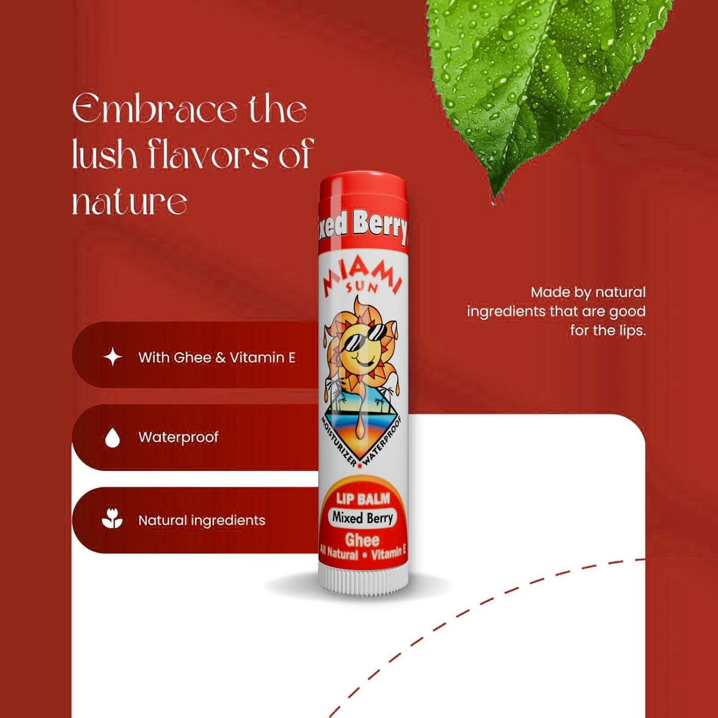 Miami Sun Natural Ghee Lip Balm, Hydrating Lip Treatment with Shea Butter & Beeswax, Organic & Non-Toxic, Best for Dry, Chapped Lips - Moisturizing, Healing, Chemical-Free Care (1 Count, Mixed Berry)