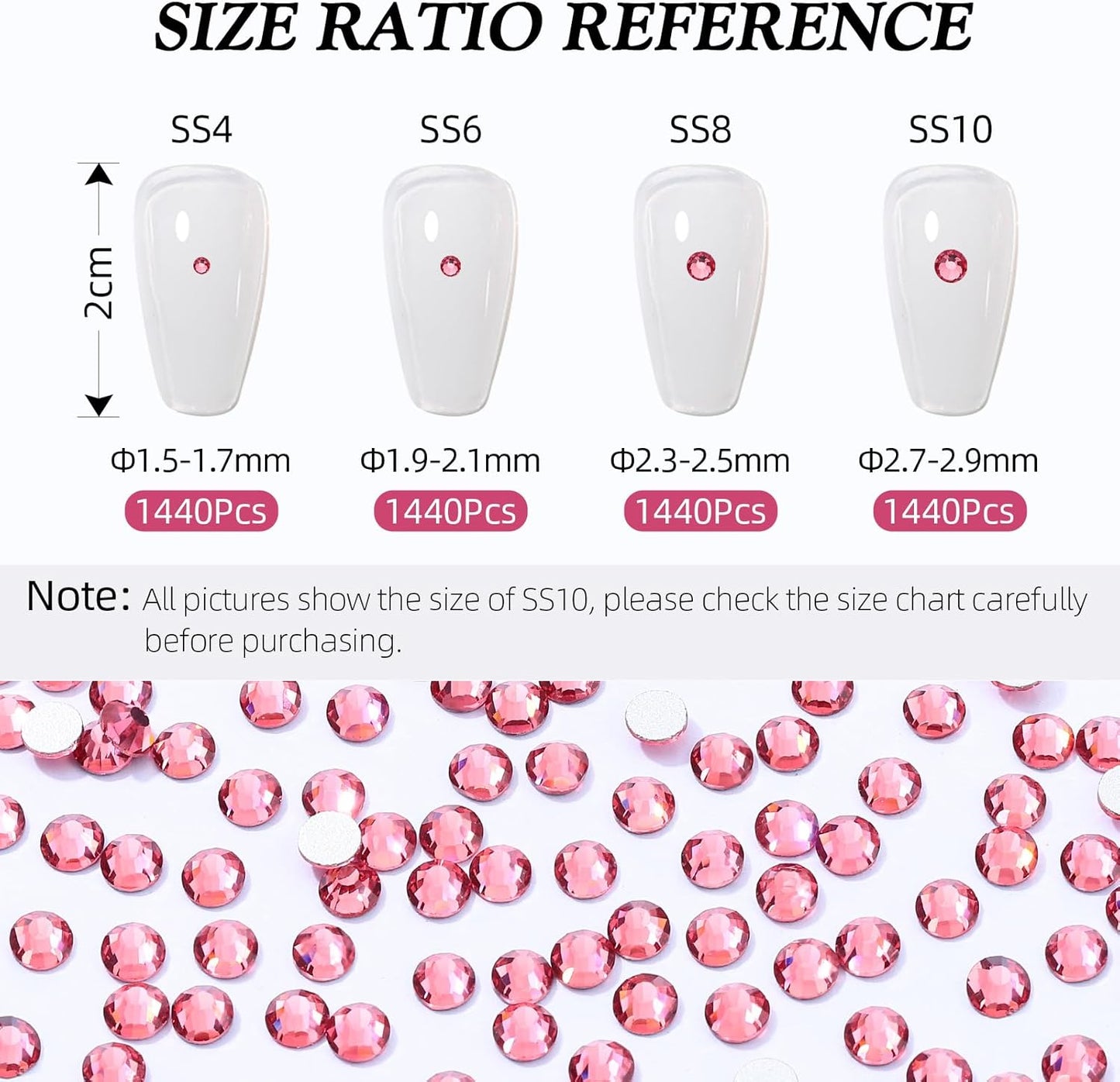 Rose Flatback Rhinestones, Glass Rhinestones for Nail Art and Craft, Glue Fix, Loose Crystal Gemstones(Rose, SS6, 1440pcs, 1.9-2.0mm)