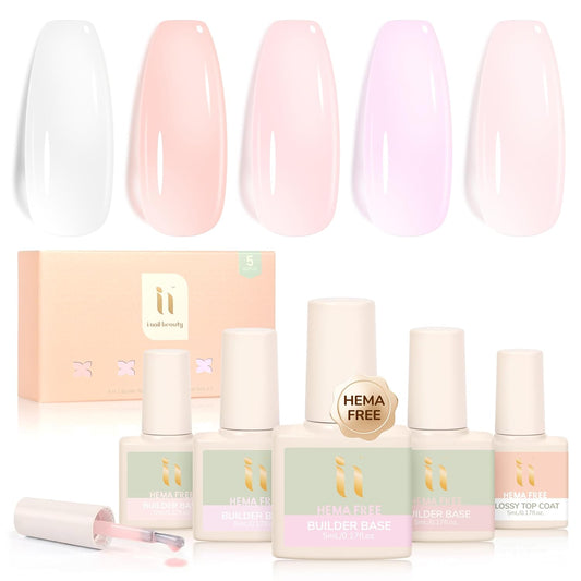 Rubber Base Builder Gel Strengthener Kit, With No Wipe Top Coat UV LED Curing, Hema Free, Vegan, Shinning Nude Pink Soak Off Gel Nail Polish for Nail Repair 6pcs X 5ml