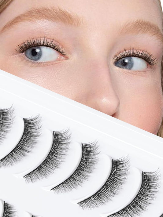 Natural Lashes 7MM Extra Short Eyelashes Natural Cat Eye Lashes 10 Pair False Eyelashes Wispy Eye Lashes Pack C Curl Strip Lashes 3D Volume Short Lashes Siligli Eyelashes