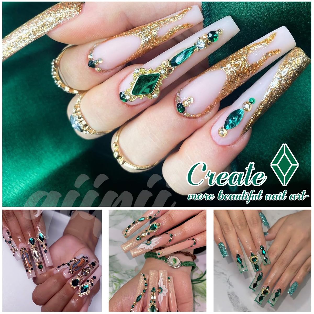 24pcs Green Luxury Nail Charms + 2000pcs Emerald Green Rhinestones 3D Big Gems Glass Crystals Diamonds Jewelry Stones Alloy Art Studs Decor Supplies Heart Charms for Arylic Nails Crafts