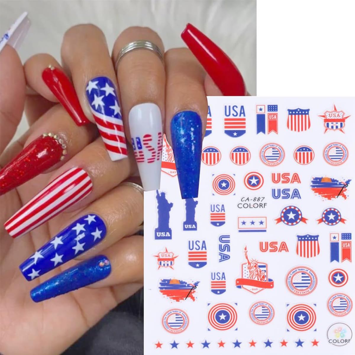 8Pcs Multicolor USA Flag Patriotic Nail Stickers, Self-Adhesive, Paper, Rectangular, 2x3 Inches, Single Use, Outdoor, Nail Art