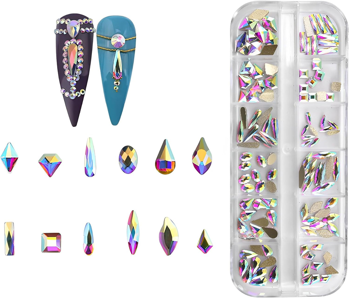 120pcs Flatback Rhinestones Glass Charms Diamantes Gems Stones for Nail Art Box Multi Shapes Crystal AB