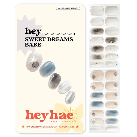 Semi Cured Gel Nail Strips | No LED Lamp Needed | Ombre, Blue, White | Easy Apply & Remove, Salon Quality | Includes 28 Strips, 1 Prep Pads, Nail File & Wooden Stick - Hey, Sweet Dreams Babe