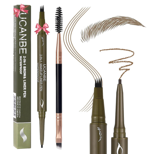 UCANBE Eyebrow Pencils for Women with Spoolie Brush, Dual-Ended Eyebrow Pen with 4-Fork-Tip & Gel Eyeliner, Microblading Brow Pen with Eyeliner Pencil + Brow Brush for Hair Like Brows, Light Brown