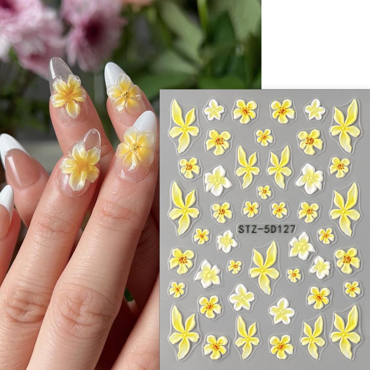 5D Embossed Flower Nail Art Stickers Decals 2 Sheets Summer Flowers Nail Stickers Ocean Starfish Nail Decals Yellow Lily Hibiscus Tropical Floral Nail Art Design Supplies for Women DIY Manicure Decor