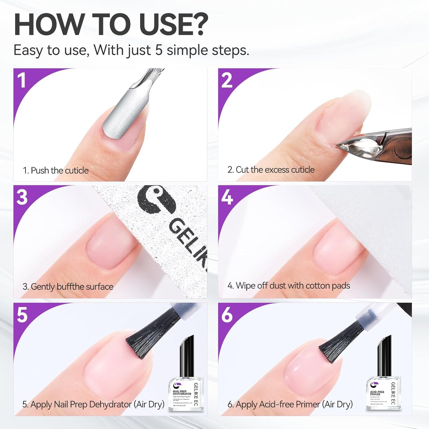 Nail Repair Prep Dehydrator and Primer Kit - Gelike EC Acid-Free Fast Air Dry for Bond Acrylic Gel Tips - Safe Healthy Foundation for Weak Thin Nails - Long Lasting for Professional Salon Manicure