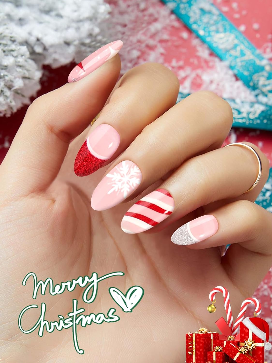 EBANKU 24PCS Christmas Semi-Cured Gel Nail Strips, French Glitter Adhesive Gel Nail Art Sticker, Waterproof Gel Nail Wrap Stickers with Nail File and Stick（UV/LED Lamp Required）