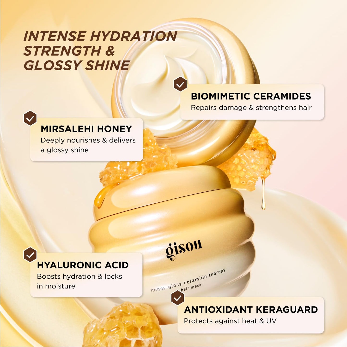 Gisou Honey Gloss Ceramide Therapy Hair Mask, Deep Hydration & Repair, Mirsalehi Honey, Ceramides & Hyaluronic Acid, 4x Stronger Hair & +85% Shine, Suitable for All Hair Type (75ml)