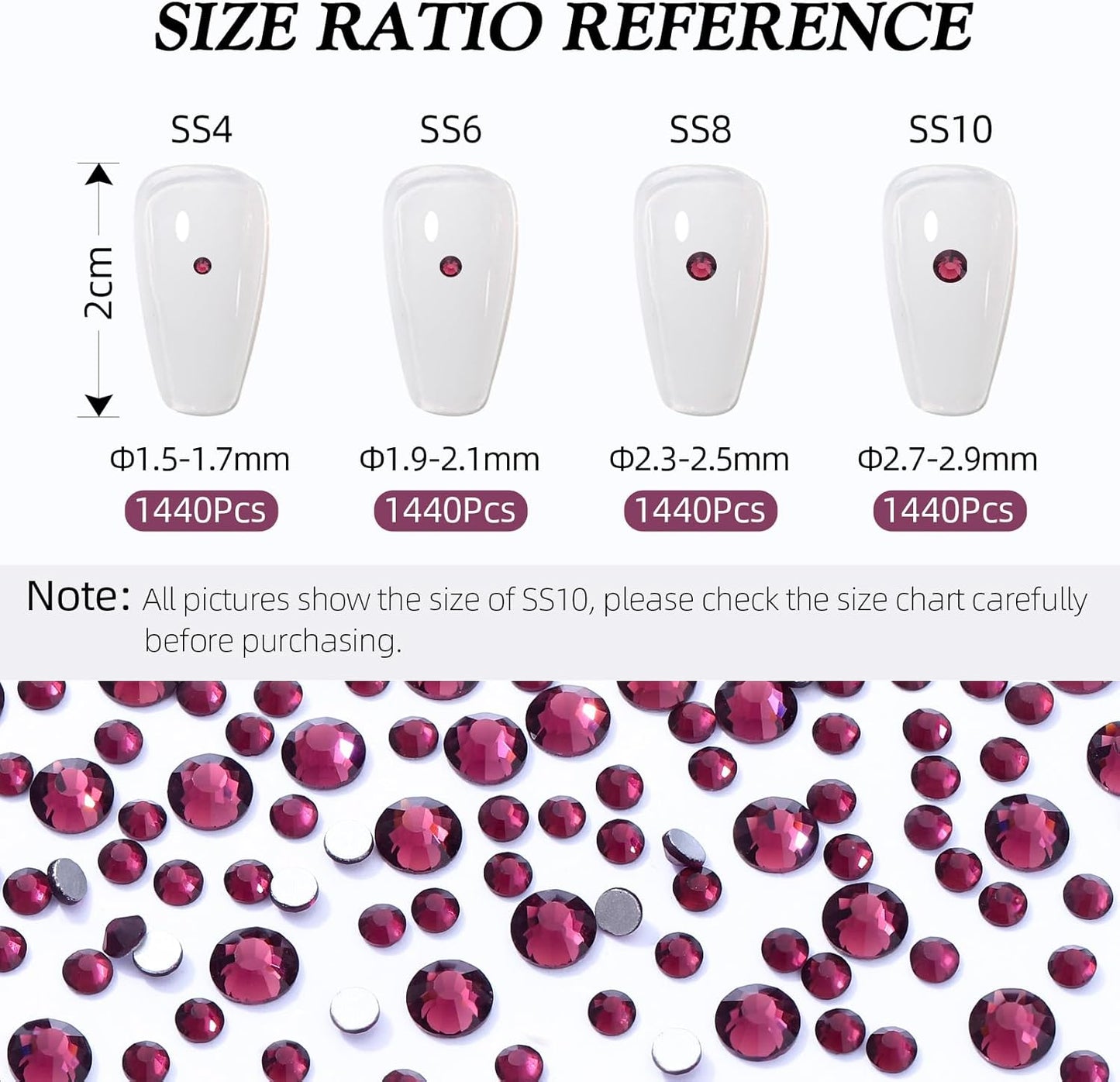 Purple Flatback Rhinestones, Glass Rhinestones for Nail Art and Craft, Glue Fix, Loose Crystal Gemstones(Purple, SS8, 1440pcs, 2.3-2.5mm)