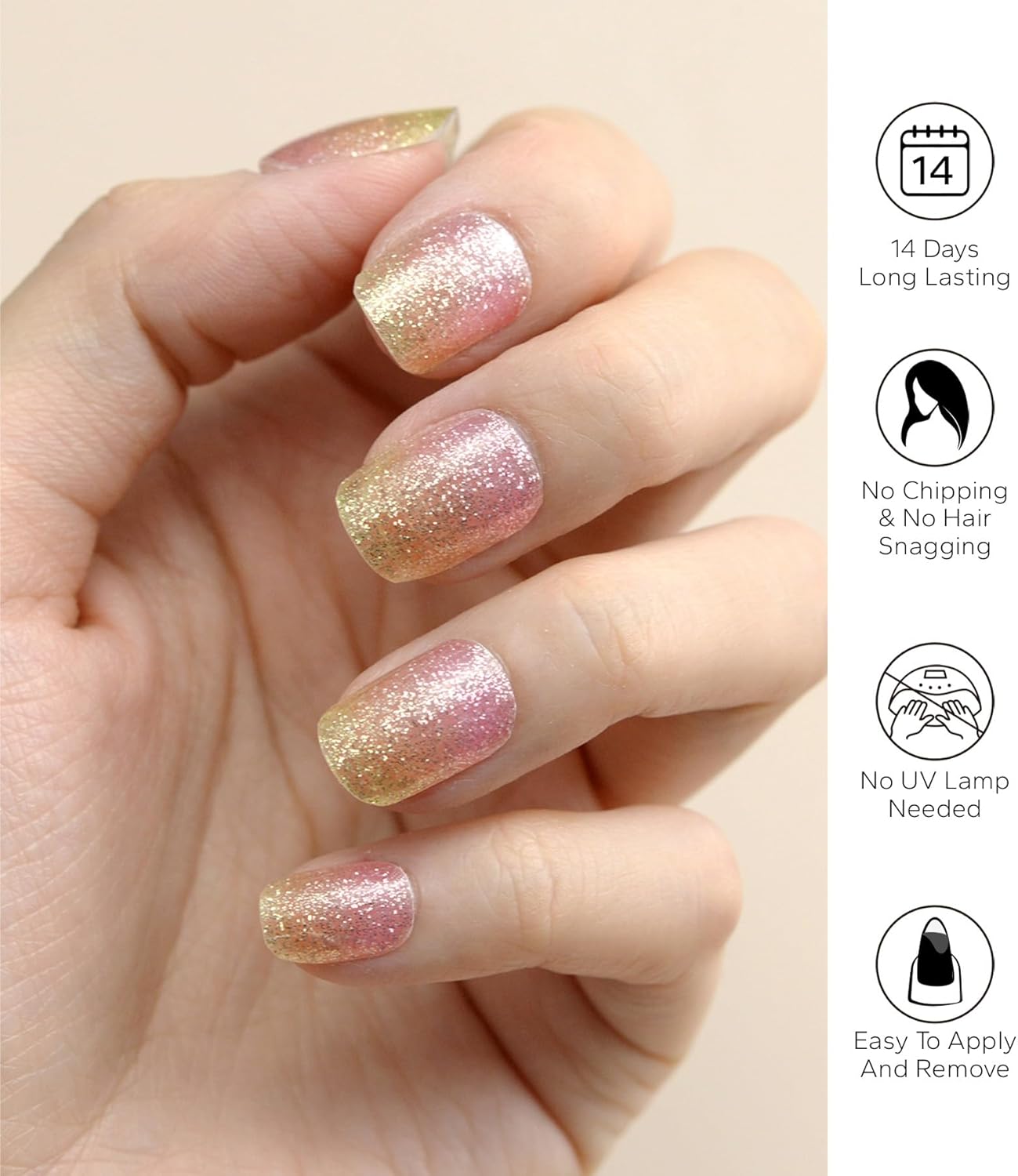 Nail Polish Strips, 20Pcs Salon Quality Gel Nail Stickers, Easy Long Lasting Wraps for Short Nails no UV Light Needed (Pink Yellow)