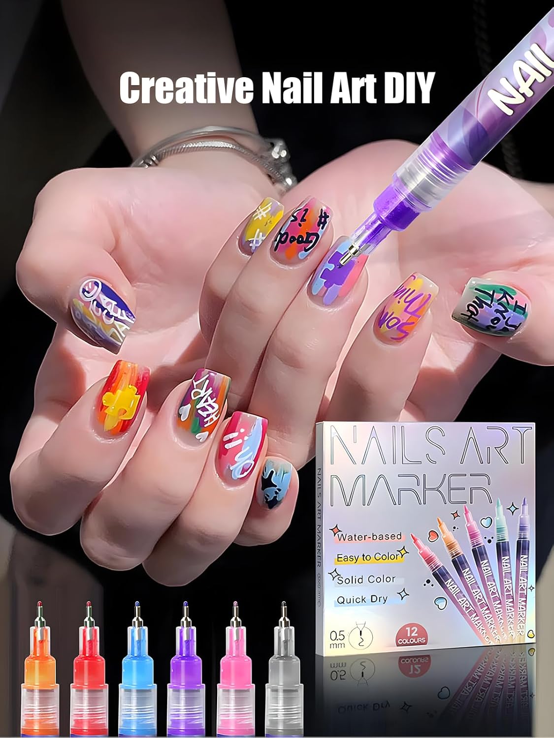 Fine Tips 3D Nail Art Pens, 12 Colors 0.5 MM Nail Marker Pens Nail Point Graffiti Dotting Drawing Painting Liner Pen for Home Salon Quickly Dry Nail Art