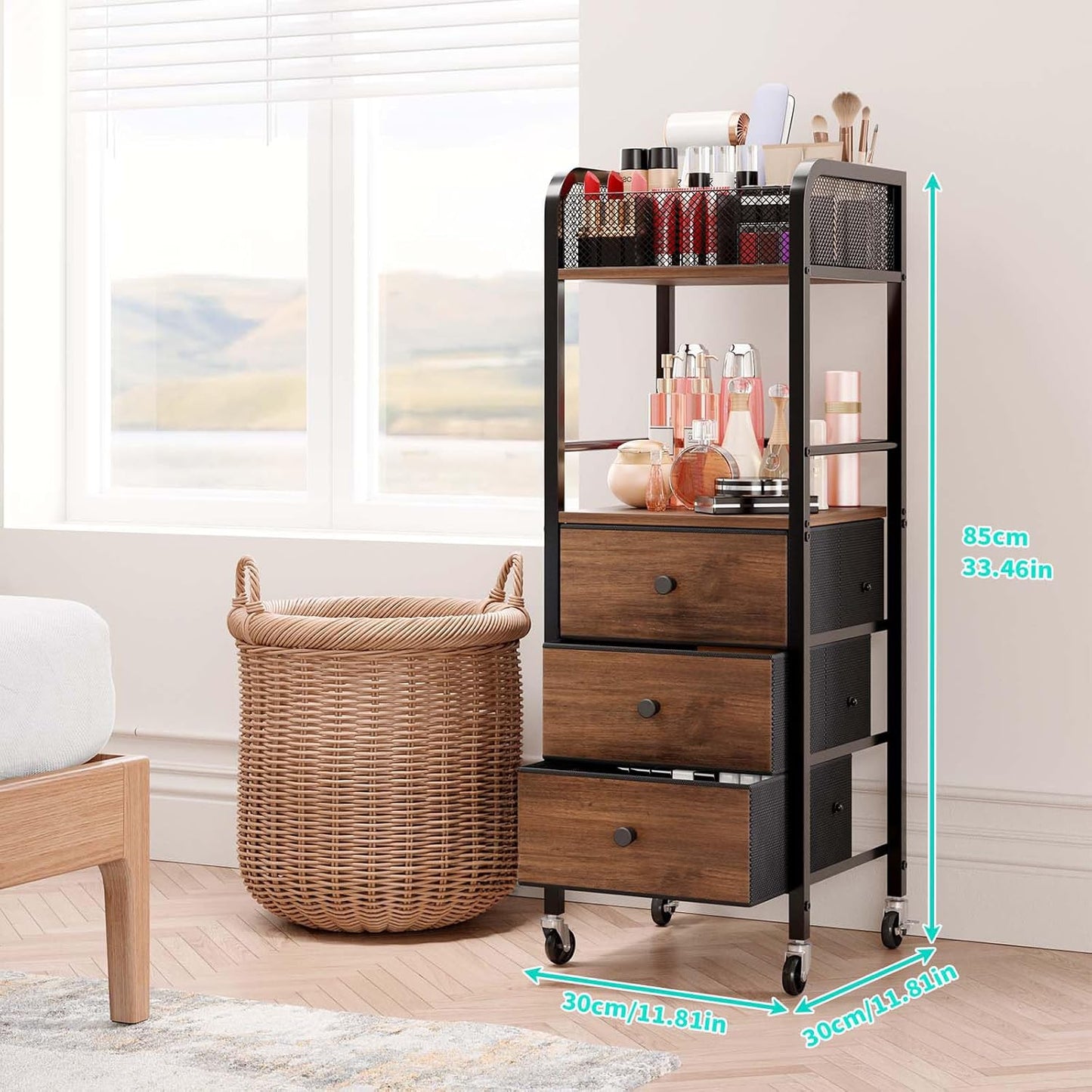 HapiRm Rolling Makeup Cart Organizer - Floor Skincare Make Up Storage with 3 Drawers, Vanity Organizer Cosmetic Display Cases Holder for Skin Care Perfume Nail Polish Brush Hair Tool