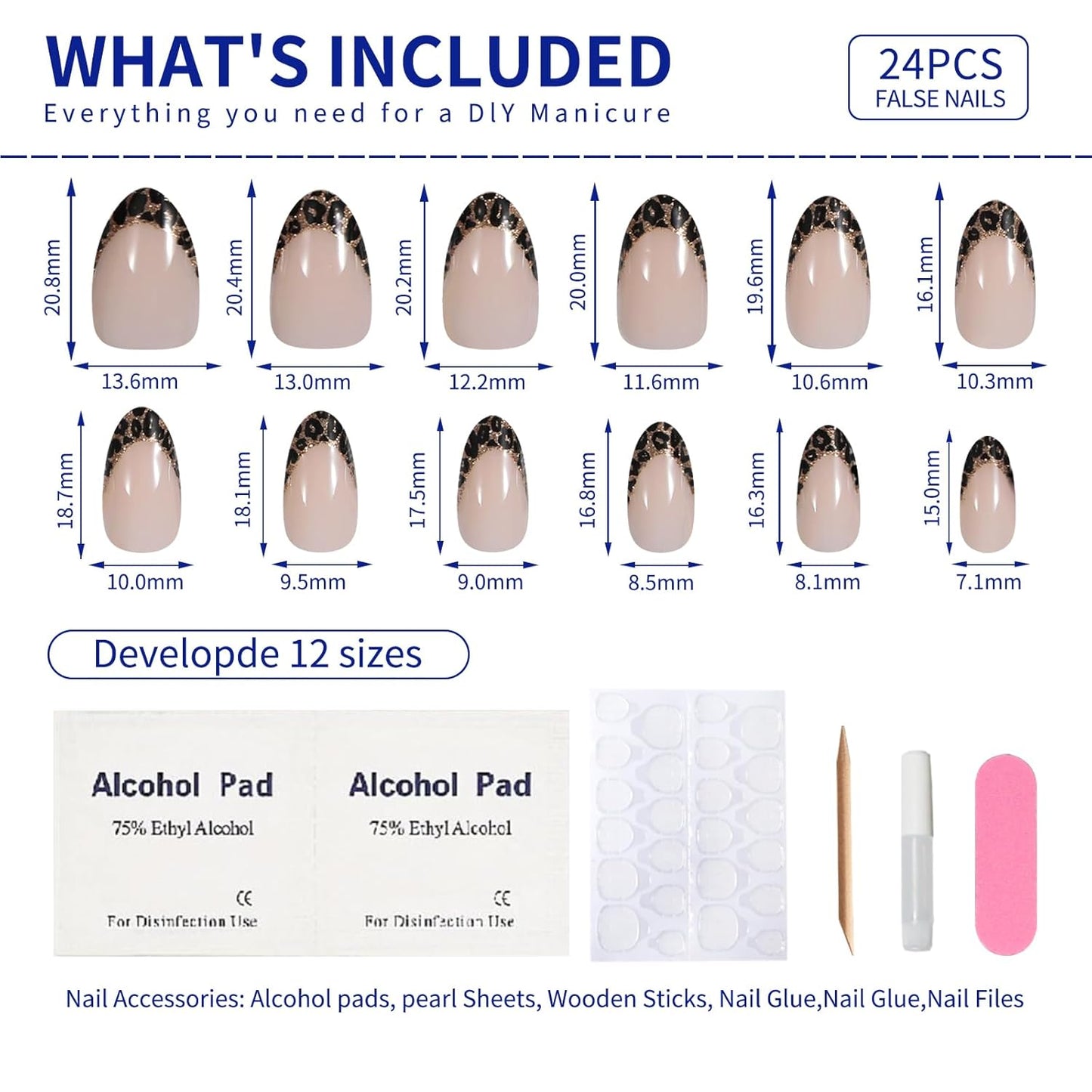 Nude Leopard French Tip Press On Nails Almond, Glossy Soft Gel Fake Nails with Nail Glue, 12 Sizes – 24PCS Thick Natural Reusable Glue On Nails for Women