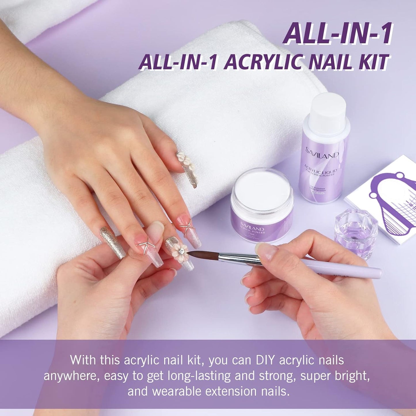 SAVILAND Acrylic Nail Kit Starter Set: Clear Acrylic Powder and Liquid Set With Brush, Forms, Tools for Extension, DIY Home Salon Application - Nail Kit for Beginners with Everything