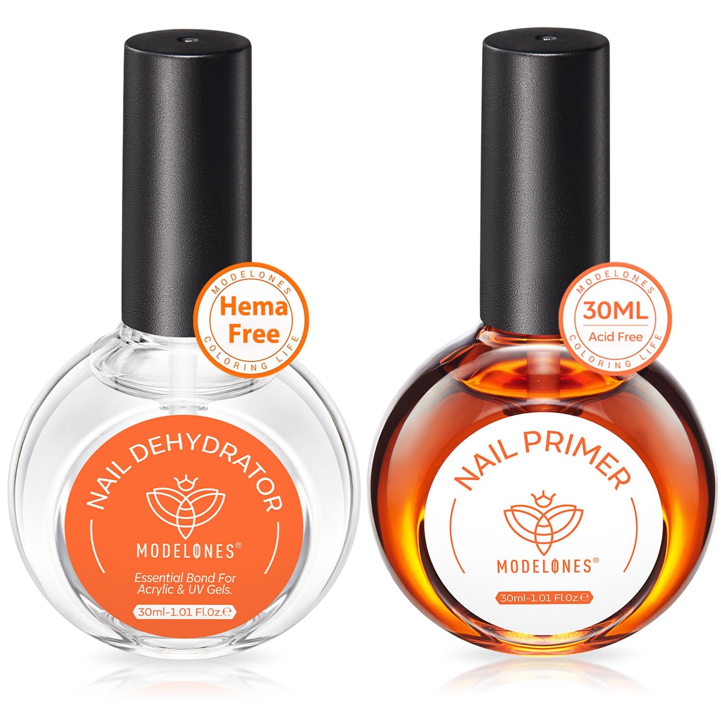 modelones 30 ml Nail Dehydrator and Primer, Acid Free Natural Prep Dehydrate & Bond Primer Kit, Hema-Free Acrylic Nail Supplies Top Coat