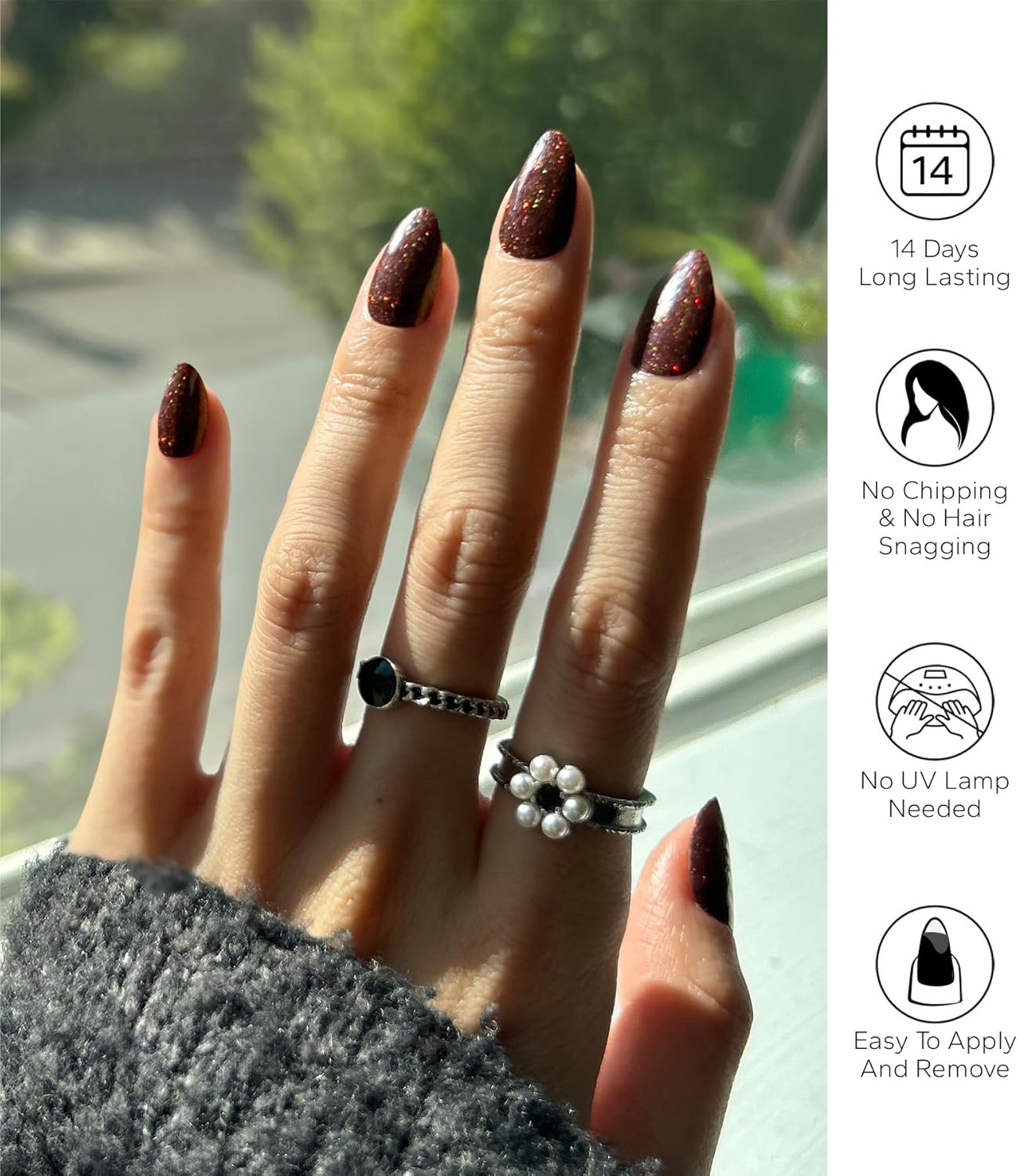 Nail Polish Strips, 20Pcs Salon Quality Gel Nail Stickers, Easy Long Lasting Wraps for Short Nails no UV Light Needed (Glitter Deep Scarlet)