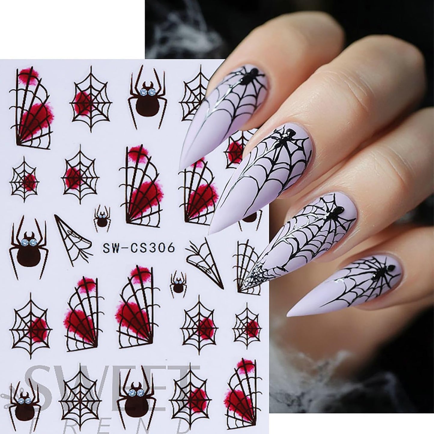 6 Sheets Halloween Nail Art Stickers 3D Self -Adhesive Blood Spider Web Nail Decals Holographic Black Blue Spider Blood Drops Nail Stickers Halloween Nail Decoration for Women Manicure Supplies