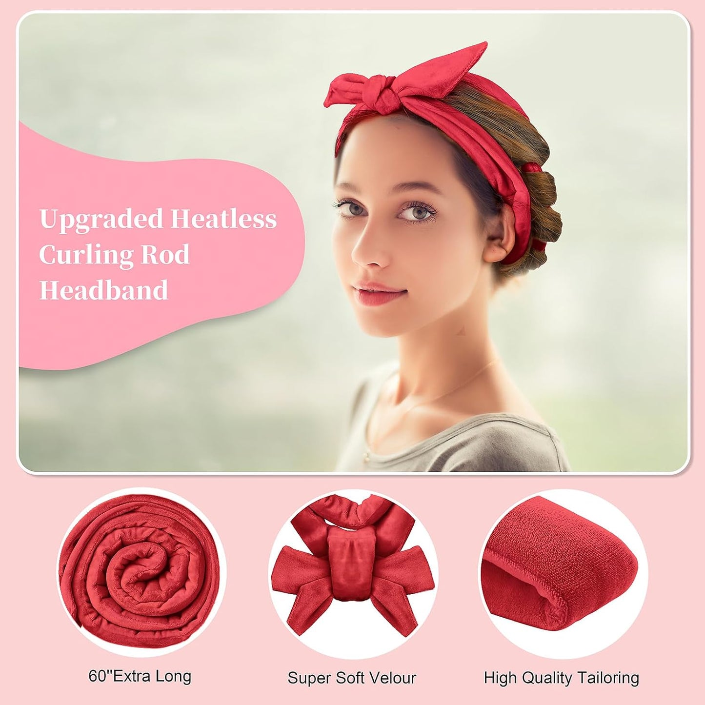 Heatless Curling Rod Headband, Upgraded 60" Extra Long Heatless Curls Headband Soft Hair Curlers to Sleep In Hair Rollers No Heat Curls (Red)