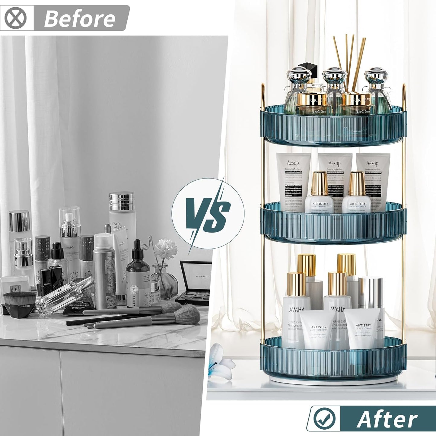 360° Rotating Makeup Organizer, Bathroom Organizers and Storage Holder Rack, Large Capacity Vanity Shelf Countertop, Fits Cosmetics, Perfume, Skin Care(Blue, 3 Tiers)