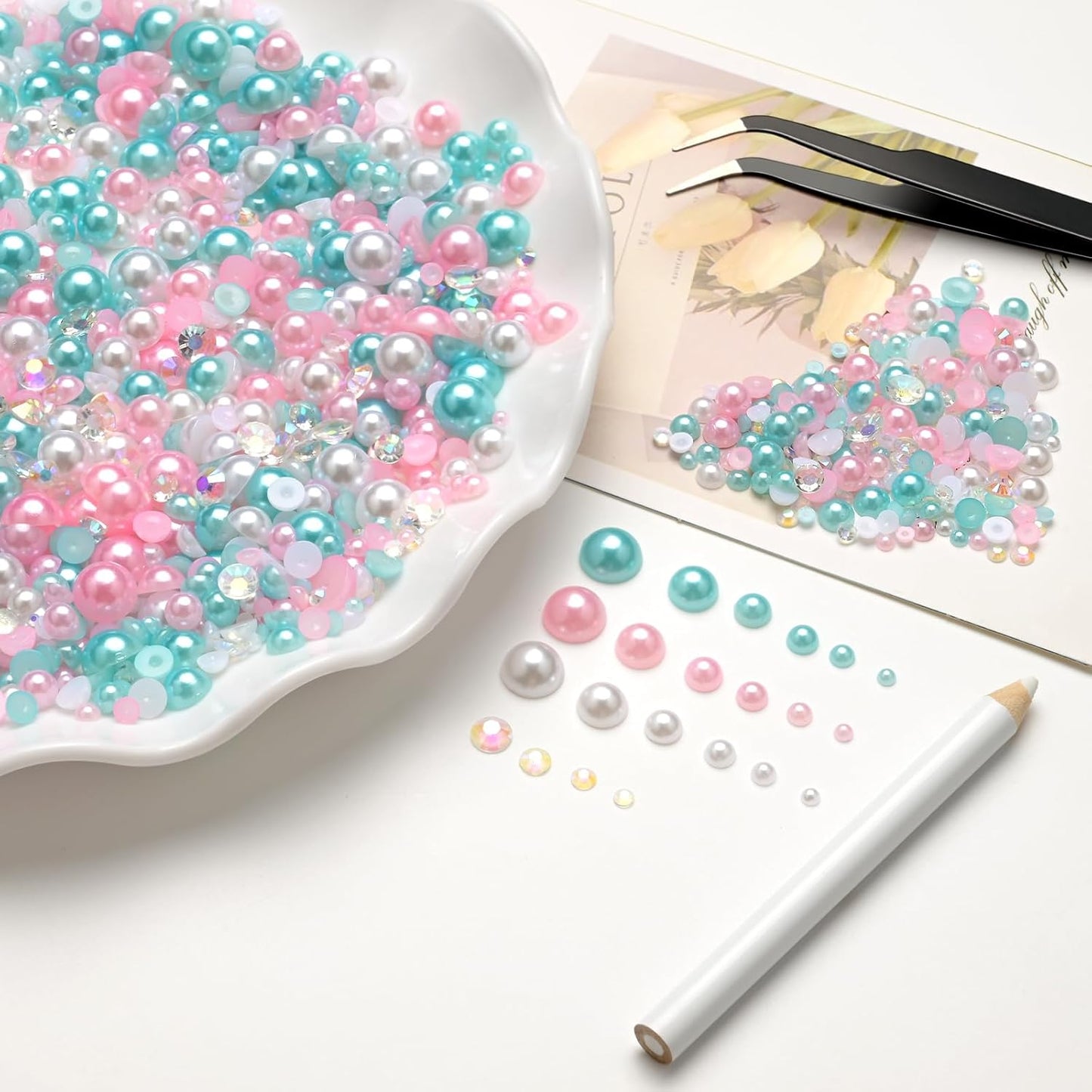 80g Mix Flatback Pearls and Rhinestones for Crafts Pink Blue White Mixed Size 2mm-10mm Half Round Pearls Rhinestones for Nail Art Tumblers Shoes DIY Bedazzling with Tweezers Wax Pen