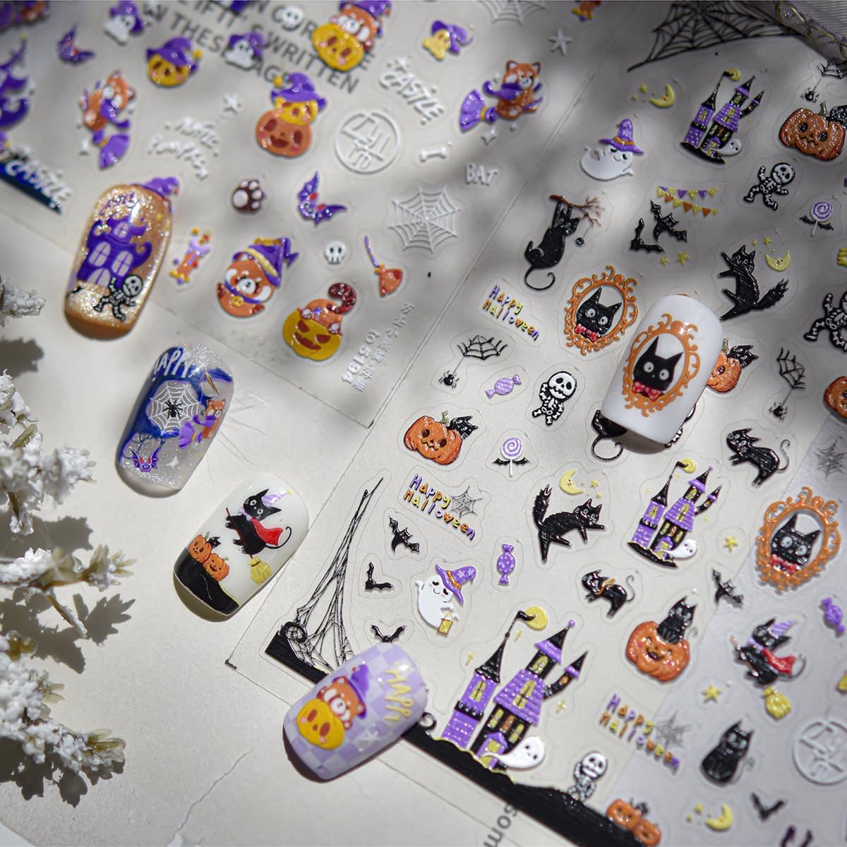 5D Embossed Halloween Nail Stickers Funny Cute Cat Self-Adhesive Nail Art Pegatinas Uñas with Skull Ghost Pumpkin Designs Halloween Nails Decals DIY Manicure Supplies for Women Nails Decoration 1Sheet