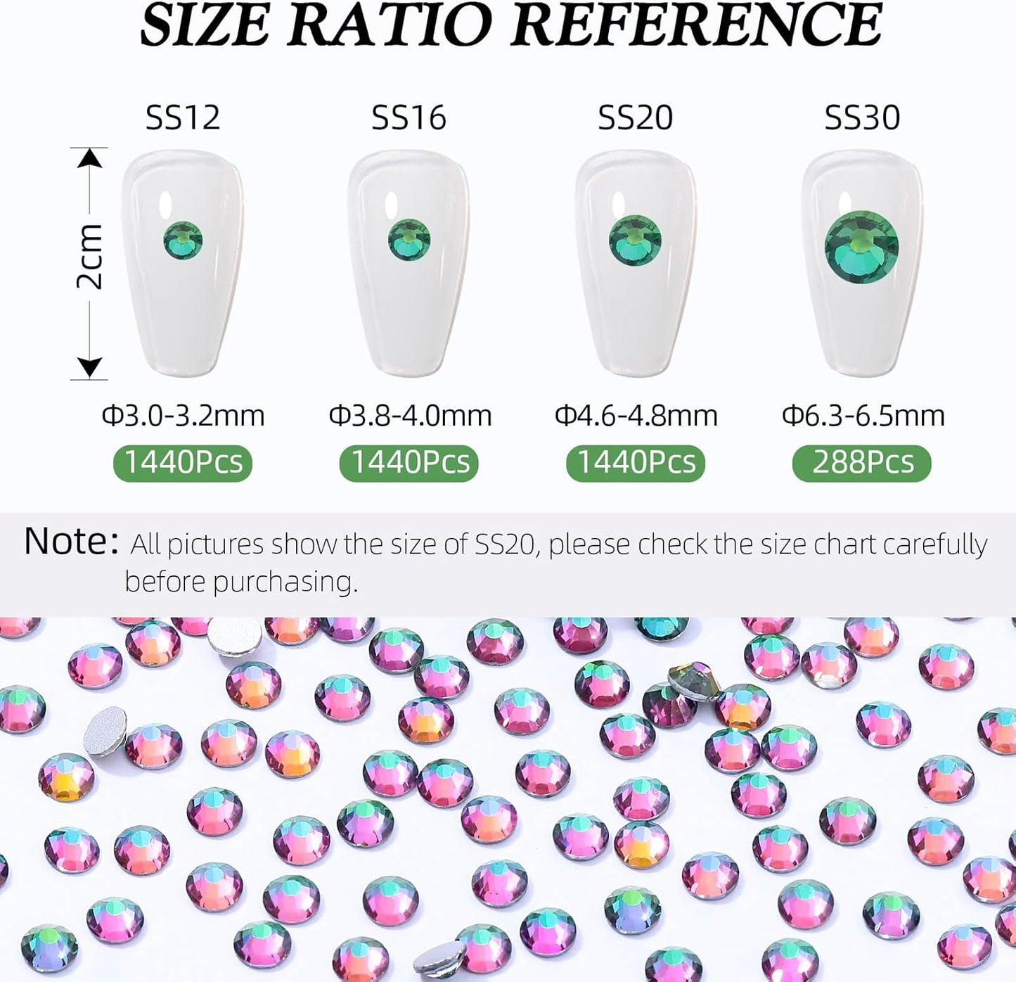 Green Volcano Flatback Rhinestones, Glass Rhinestones for Nail Art and Craft, Glue Fix, Loose Crystal Gemstones(Green Volcano, SS20, 1440pcs, 4.6-4.8mm)