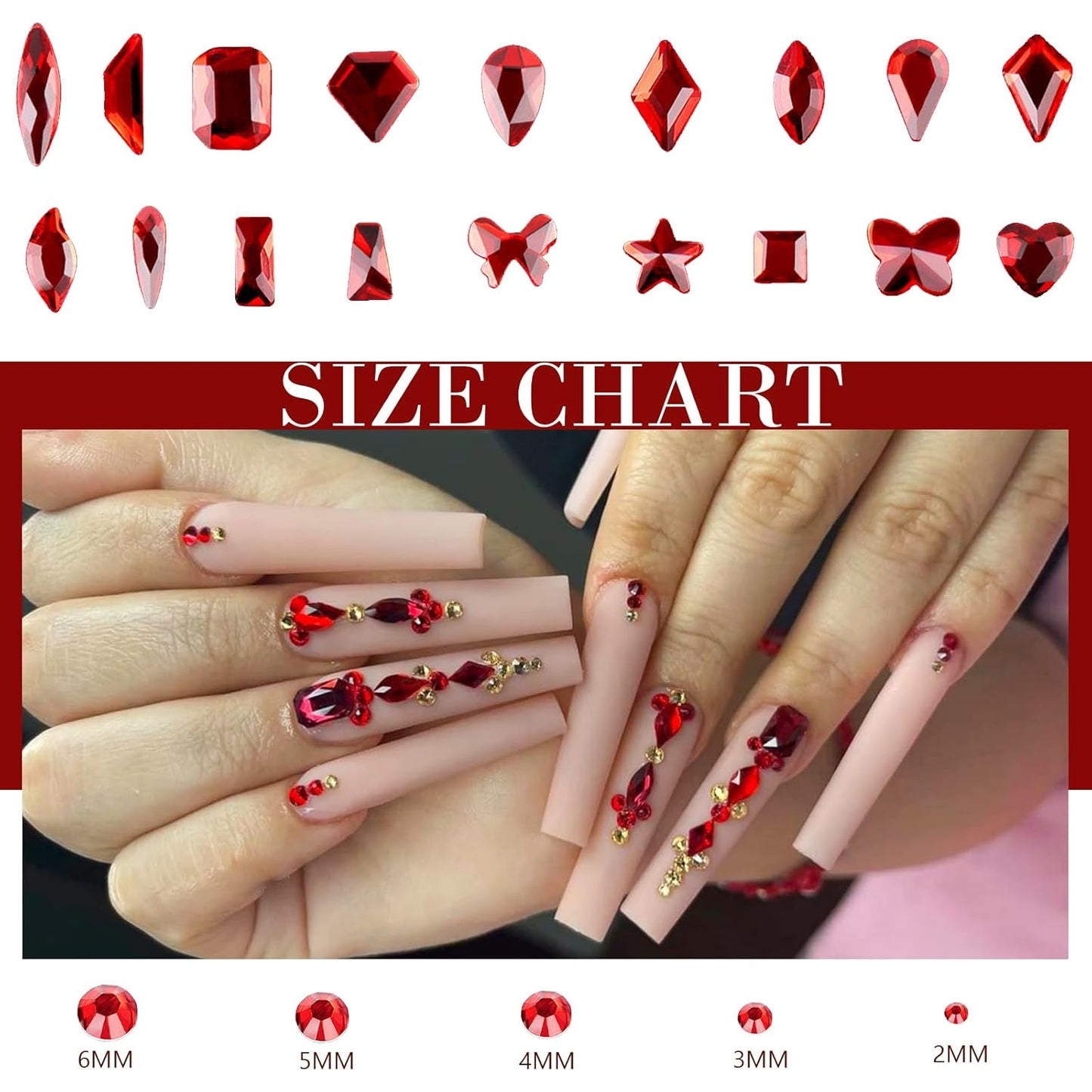 Canvalite 2900Pcs Red Rhinestones for Nails, 18 Styles Multi Shape Nail Charms and Gems Shiny Glass Crystal Flatback Nail Rhinestones Set for Nail Art with Rhinestone Picker and Tweezers