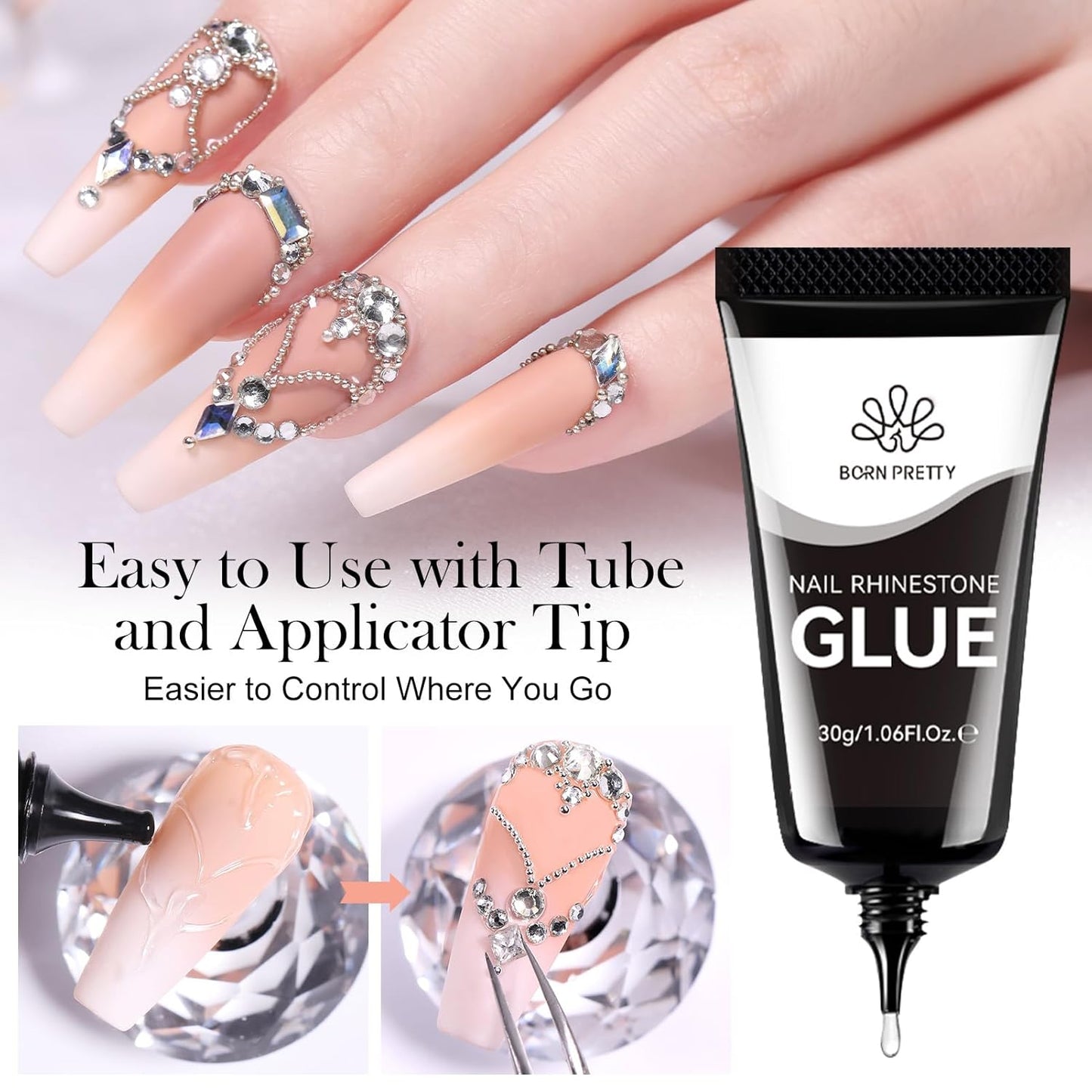 BORN PRETTY Nail Rhinestone Glue Gel for Nails Super Strong Gel Nail Glue for Nail Charm 3D Nails Gems Beads Nail Art Jewels Cured Need Nail Art DIY at Home 30ML