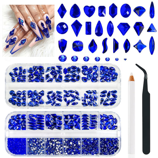 24 Styles Royal Blue Nail Rhinestones Sapphire Multi Shapes Flatback K9 Glass Crystals Gems Stones Diamonds Jewels Nail Art Charms Supplies for Nails Face Eyes Makeup Crafts Tumblers Clothes