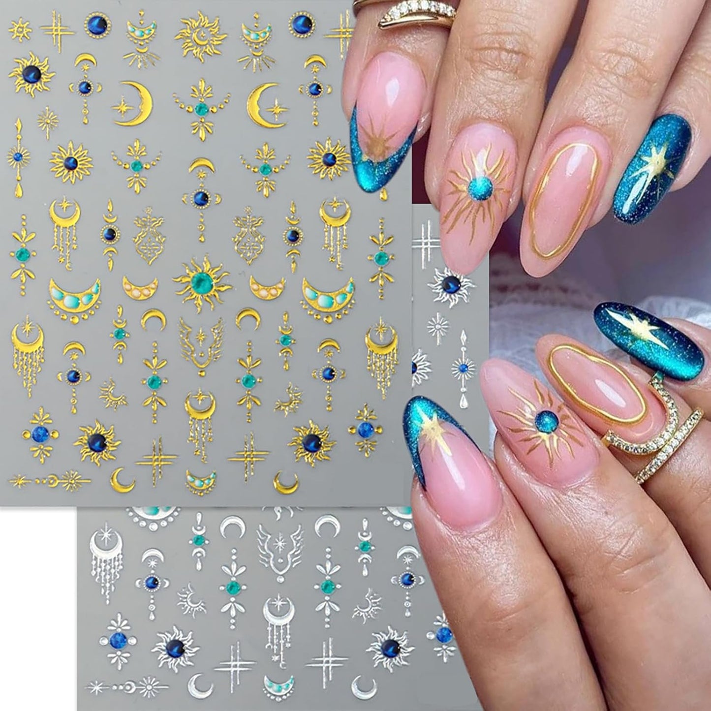 5D Nail Stickers for Nail Art Sun Moon Nail Decals Shiny Bohemian Style Nail Art Supplies Luxury Silver Gold Flower Star Moon Sun Nail Adhesive Stickers Fall DIY Manicure Supplies for Women 4PCS