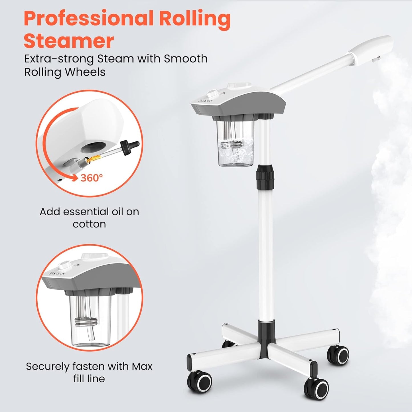 TASALON Professional Facial Steamer Machine on Wheels, Standing Esthetician Steamer with Hot Ozone Mist, Facial Be Used for Skin Rejuvenation, Steamer for Facial Used for Spa or Personal Care, White