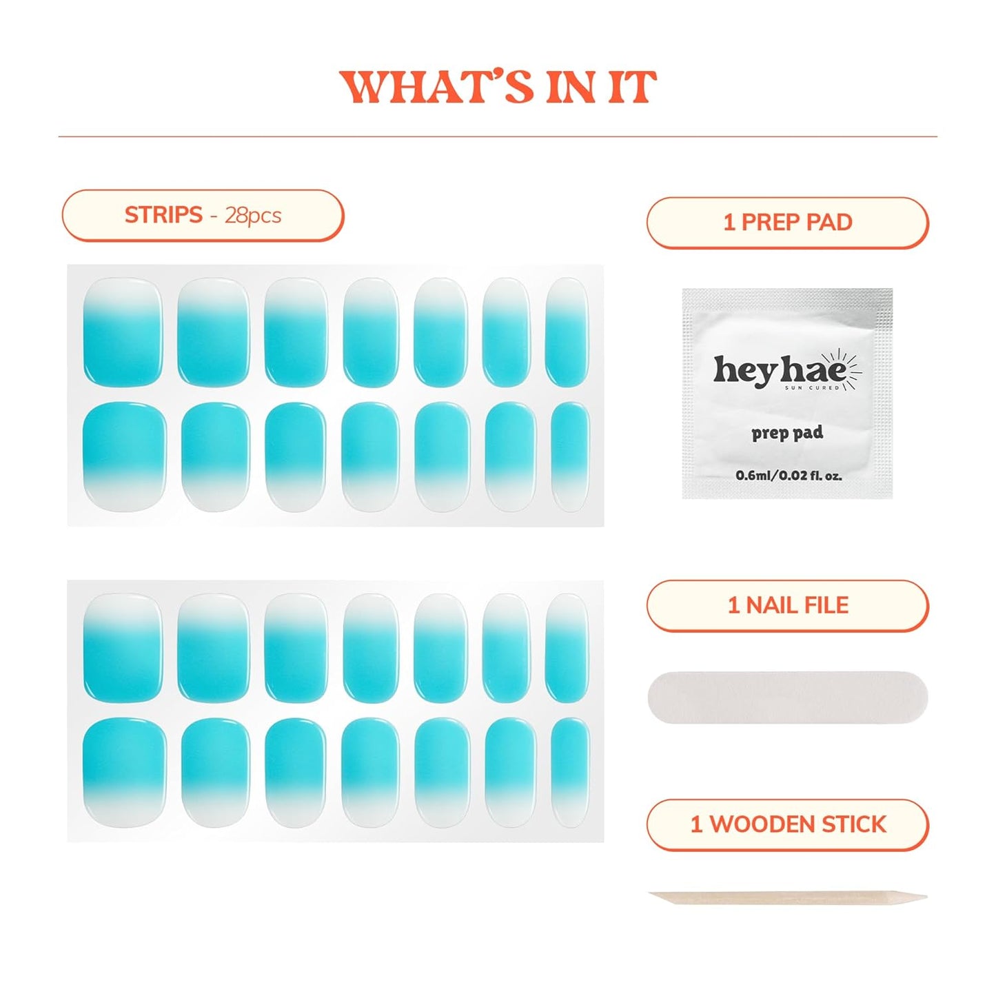 Semi Cured Gel Nail Strips | No LED Lamp Needed | Ombre, Blue, Spring | Easy Apply & Remove, Salon Quality | Includes 28 Strips, 1 Prep Pads, Nail File & Wooden stick - Hey, Blue Me Away