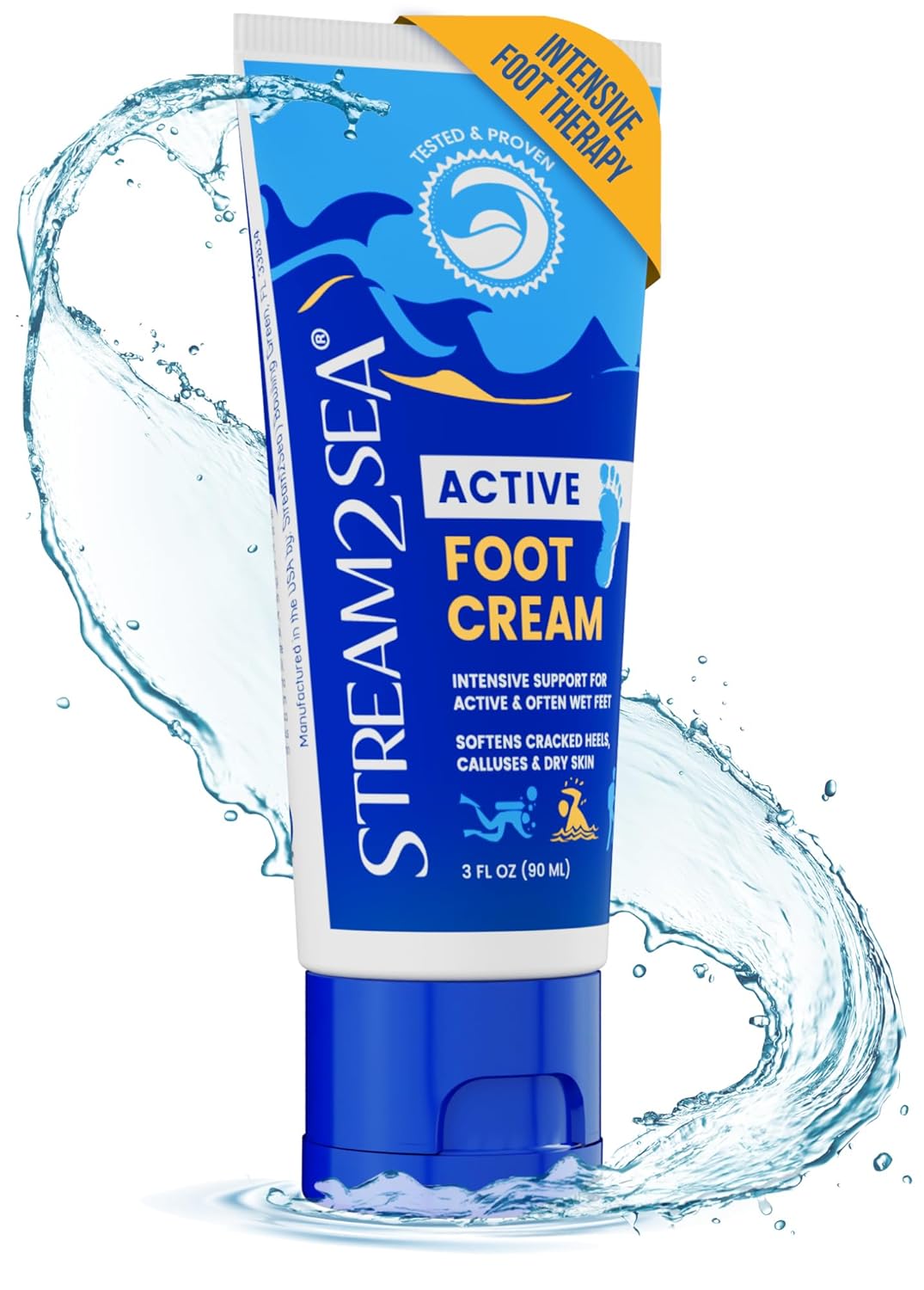 STREAM 2 SEA Active Foot Cream, Intensive Support for Active & Often Wet Feet - Softens Cracked Heels, Calluses & Dry Skin, Enriched with Neem and Tea Tree, Fast-absorbing and Non-greasy - 3 Fl oz