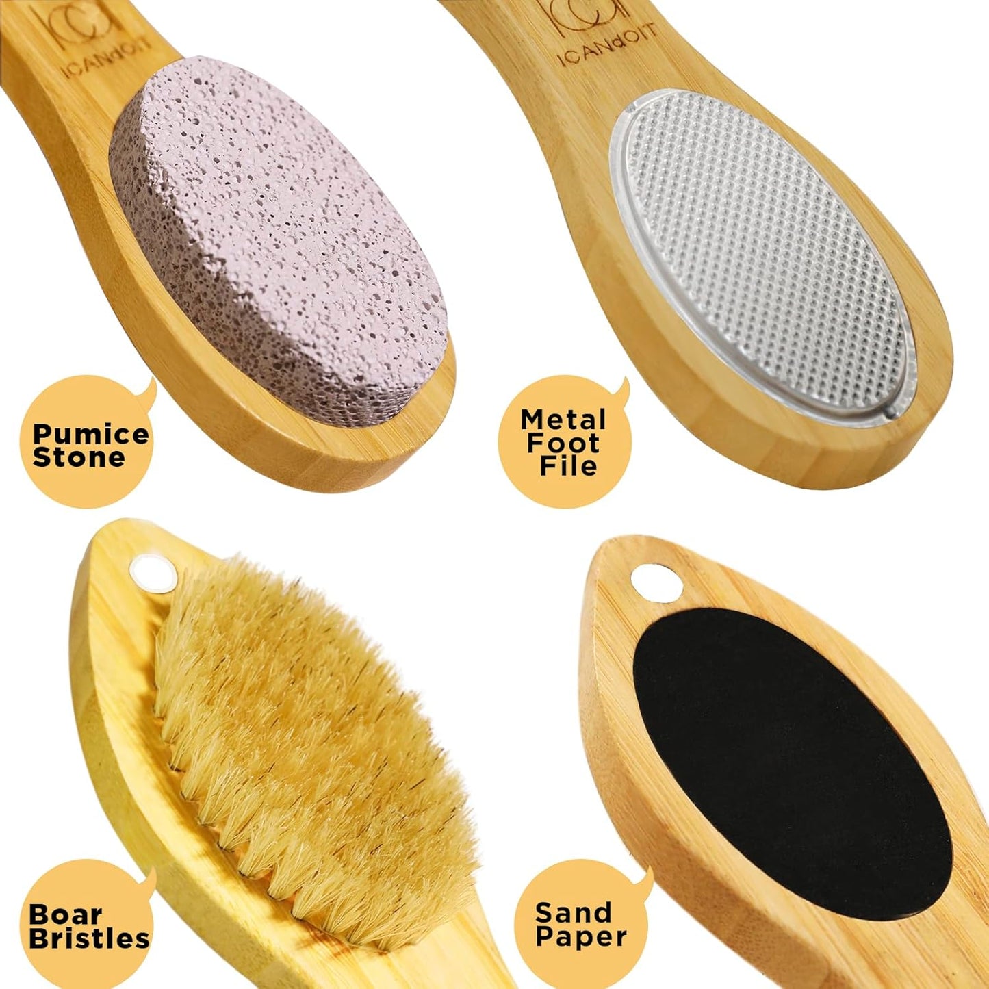 ICDI ICANdOIT Natural Bamboo Foot File Callus Remover-Multi Purpose 4 in 1 Feet Pedicure Kit with Foot Care Boar Bristle Brush,Pumice Stone,Foot Rasp,Sand Paper