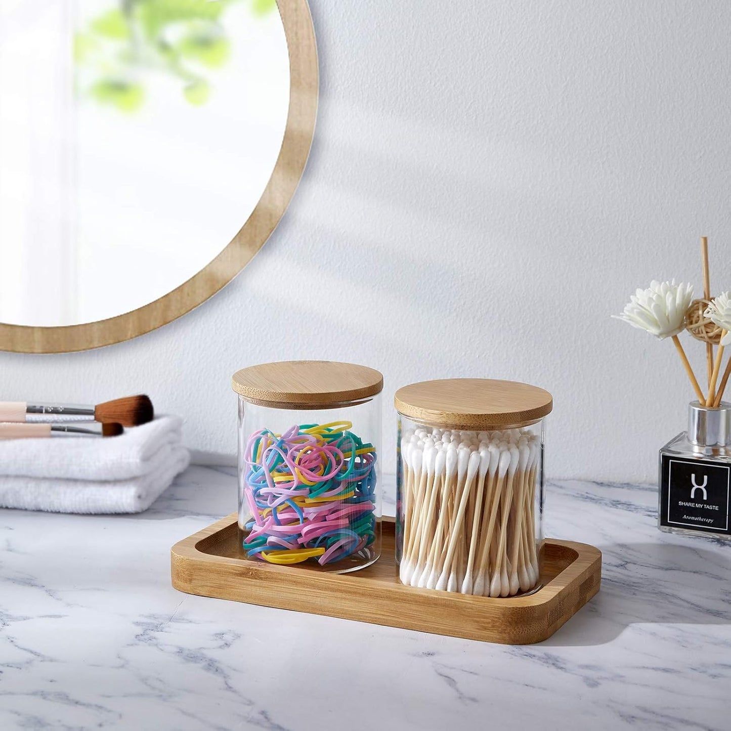 Glass Qtip Holder with Vanity Tray, Apothecary Jars Bathroom Accessories Bathroom Canisters Organizer Countertop Q Tip Holder for Cotton Ball Round Swab Pad Hair Ties Floss Perfume Jewelry