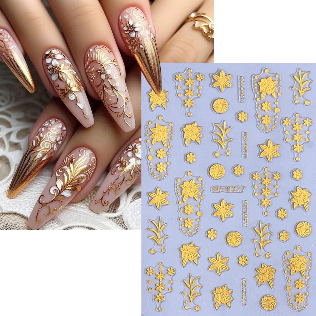 2 Sheets Gold Nail Art Stickers 3D Metallic Flower Nail Stickers Gold Blossom Floral Fallen Leaves Design Nail Art Supplies Fall Nail Decals for Women Girl Acrylic DIY Manicure Decoration Accessories