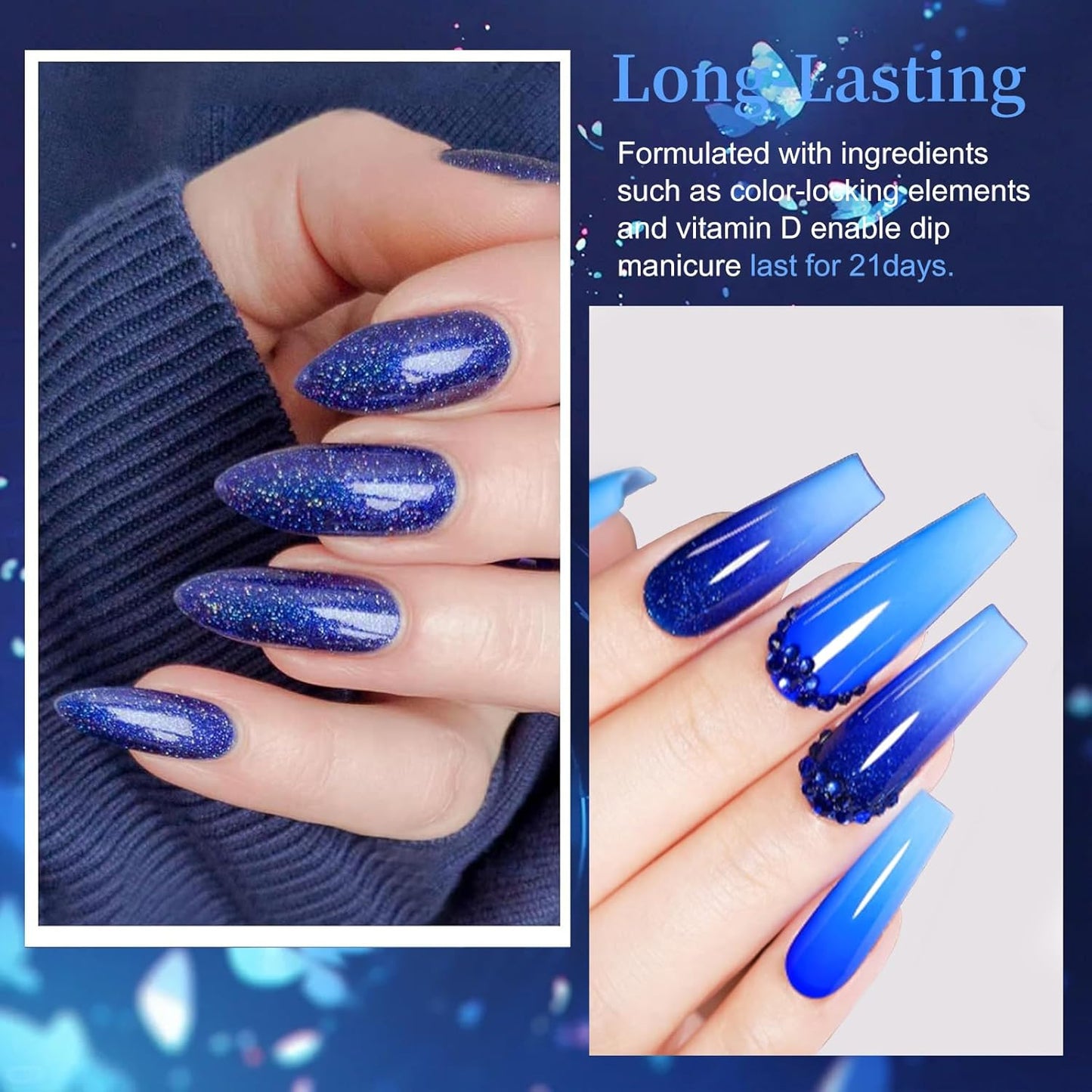 6 Colors Dip Powder Set, Royal Blue Glitter Dipping Powder Color Set, Glossy Nail Art Manicure DIY Salon Home Gift for Ladies,YYSDDPS-03-6pcs