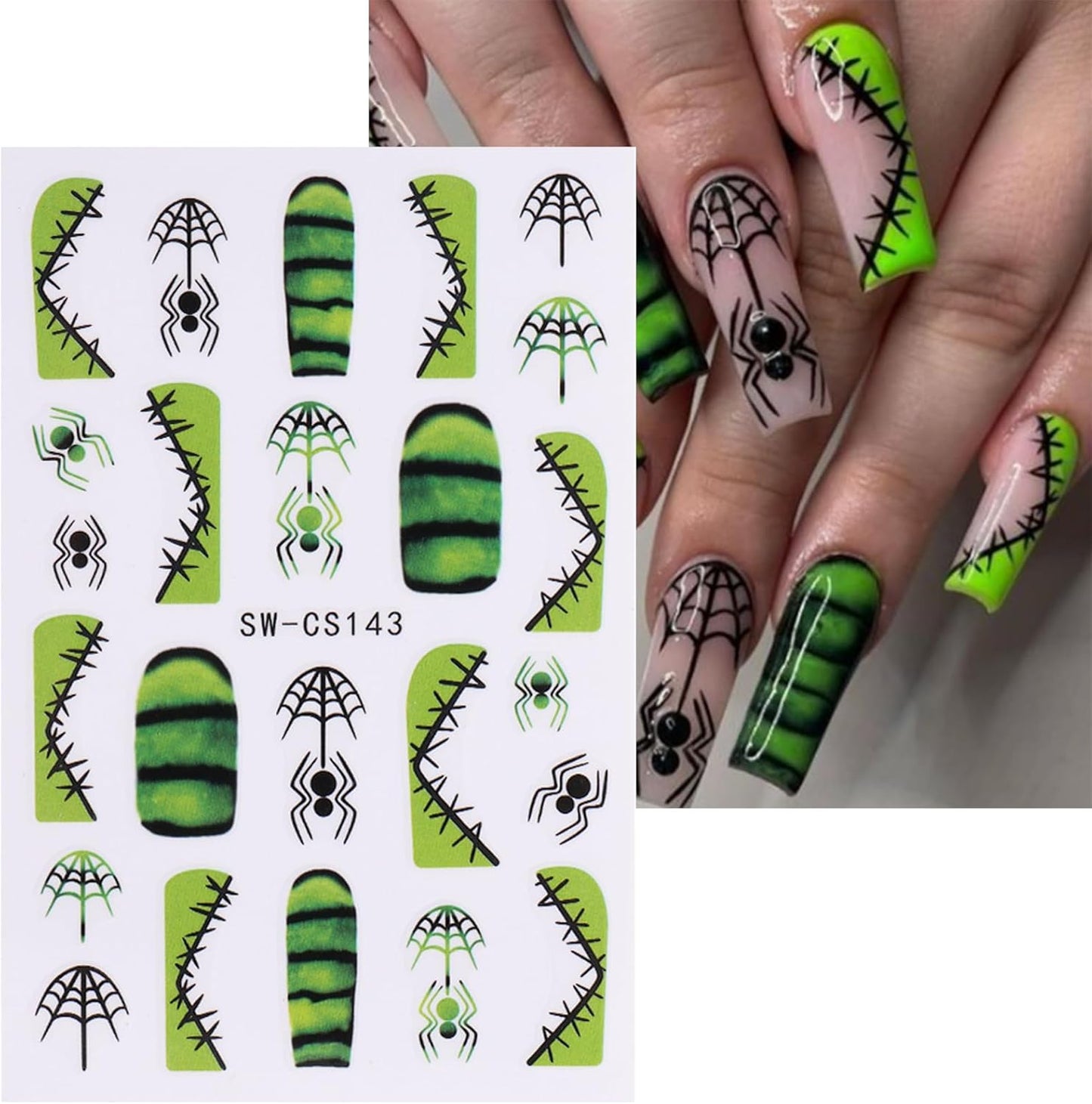 6 Sheets Halloween Nail Art Stickers Decals 3D Self-Adhesive Cartoon Bat Spider Web Skull Nail Stickers French Flame Spider Web Heart Nail Decals Supplies for Women DIY Holiday Manicure Decorations