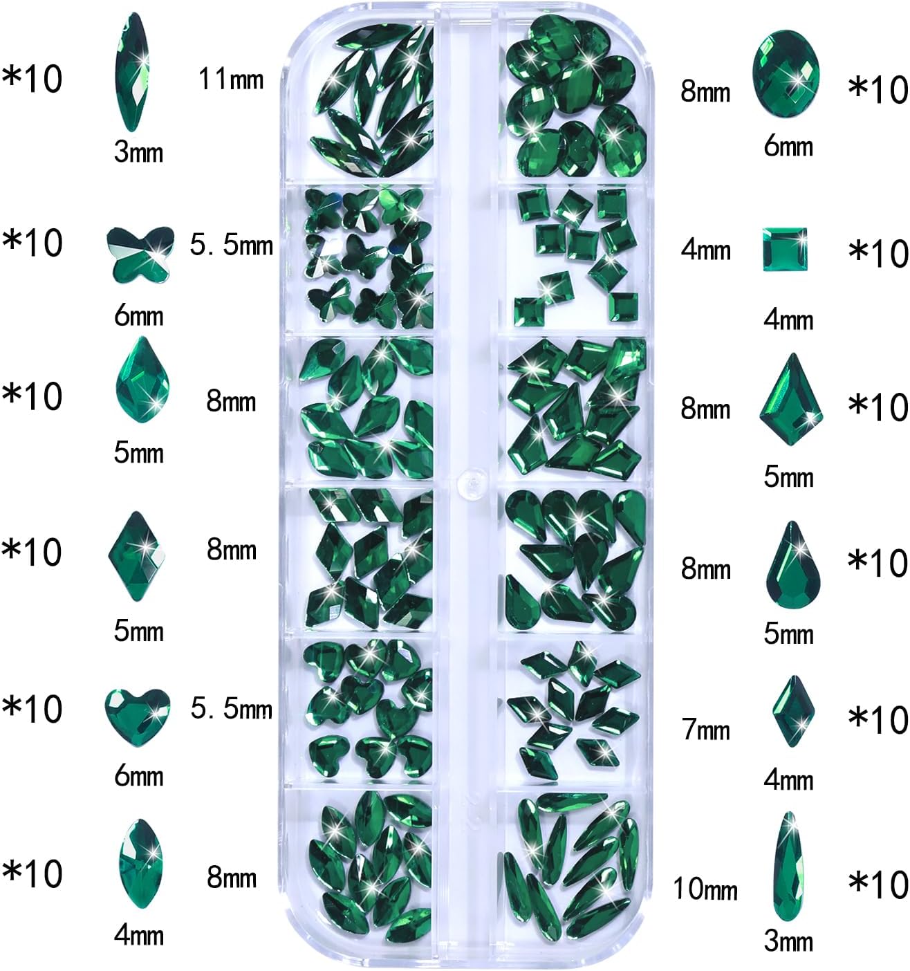 Nail Rhinestones - 3D Multi Shape Size, Flat Back, Crystals Manicure Rhinestones Charms, Green Nail Gems, with Kit, for Nail Art, Bedazzling Acrylic Nails, DIY Decor