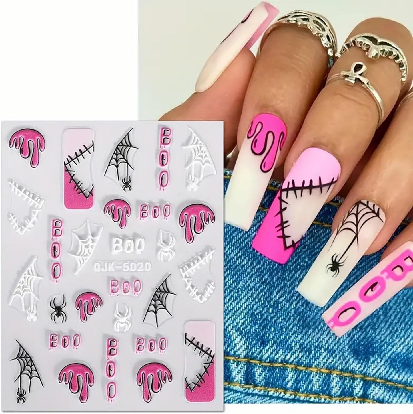 6 Sheets Halloween Nail Art Stickers Decals Pink Skull Spider Web Sugar Skull Nail Decoration 3D Self-Adhesive Nightmare Christmas Stickers for Women Girls