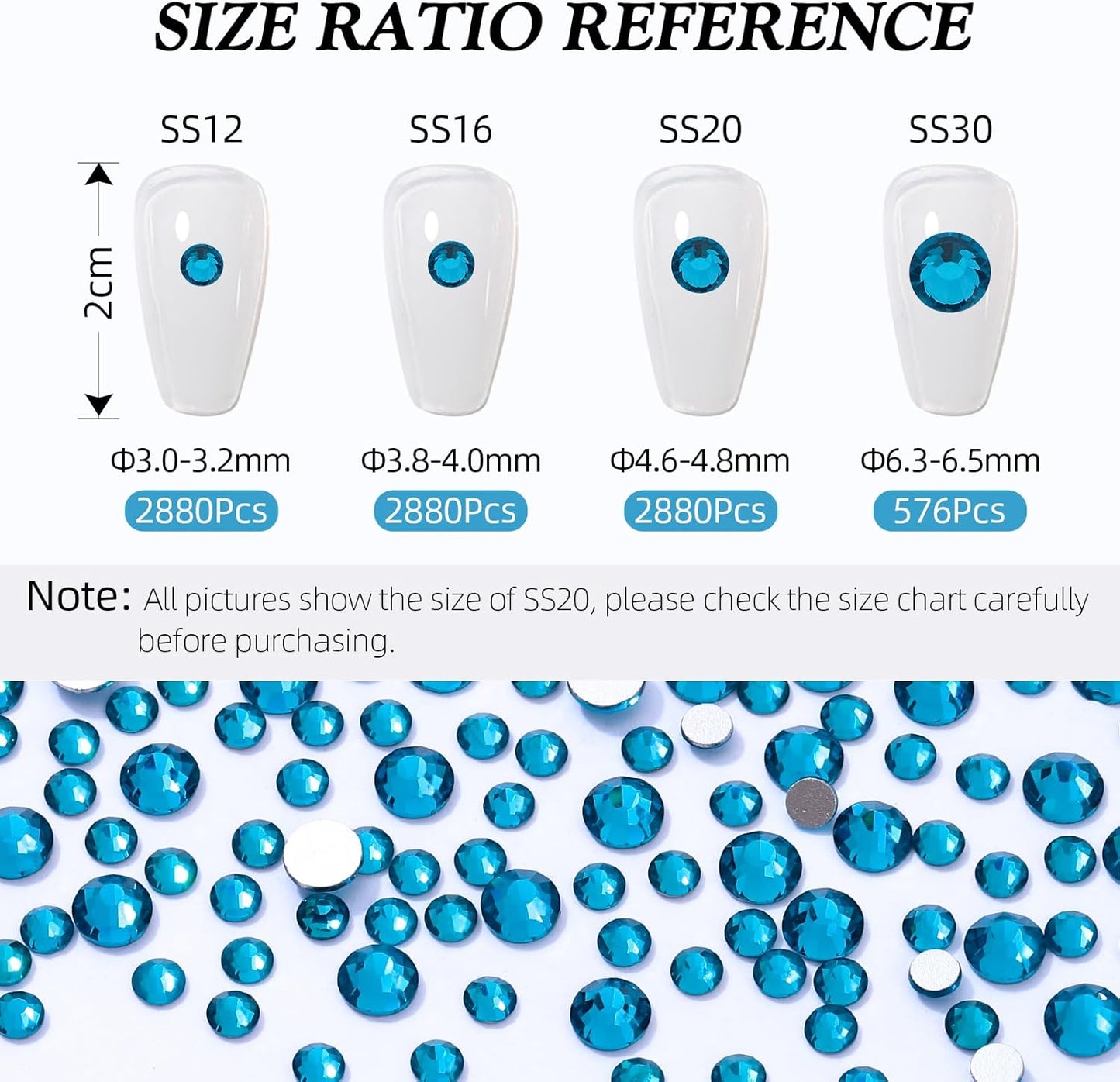 Malachite Blue Flatback Rhinestones, Glass Rhinestones for Nail Art and Craft, Glue Fix, Loose Crystal Gemstones(Malachite Blue, SS20, 2880pcs, 4.6-4.8mm)