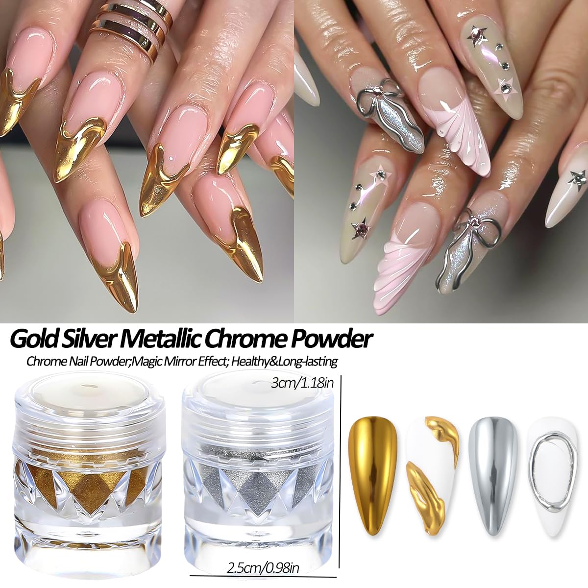 Chrome Nail Powder Metallic Gold And Silver, Magic Mirror Effect Pigment Glitter Rubbing Dust, 3D Carving Nail Molding Gel & Holographic Dip Nail Powder Kit for Nail Decor Home Manicure DIY