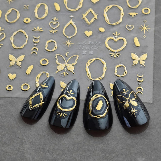 Gold Nail Art Stickers Butterfly Heart Nail Decals with Golden Design 5D Embossed Self Adhesive Nails Supply for Women Girls Kid Manicure DIY Decoration Accessories
