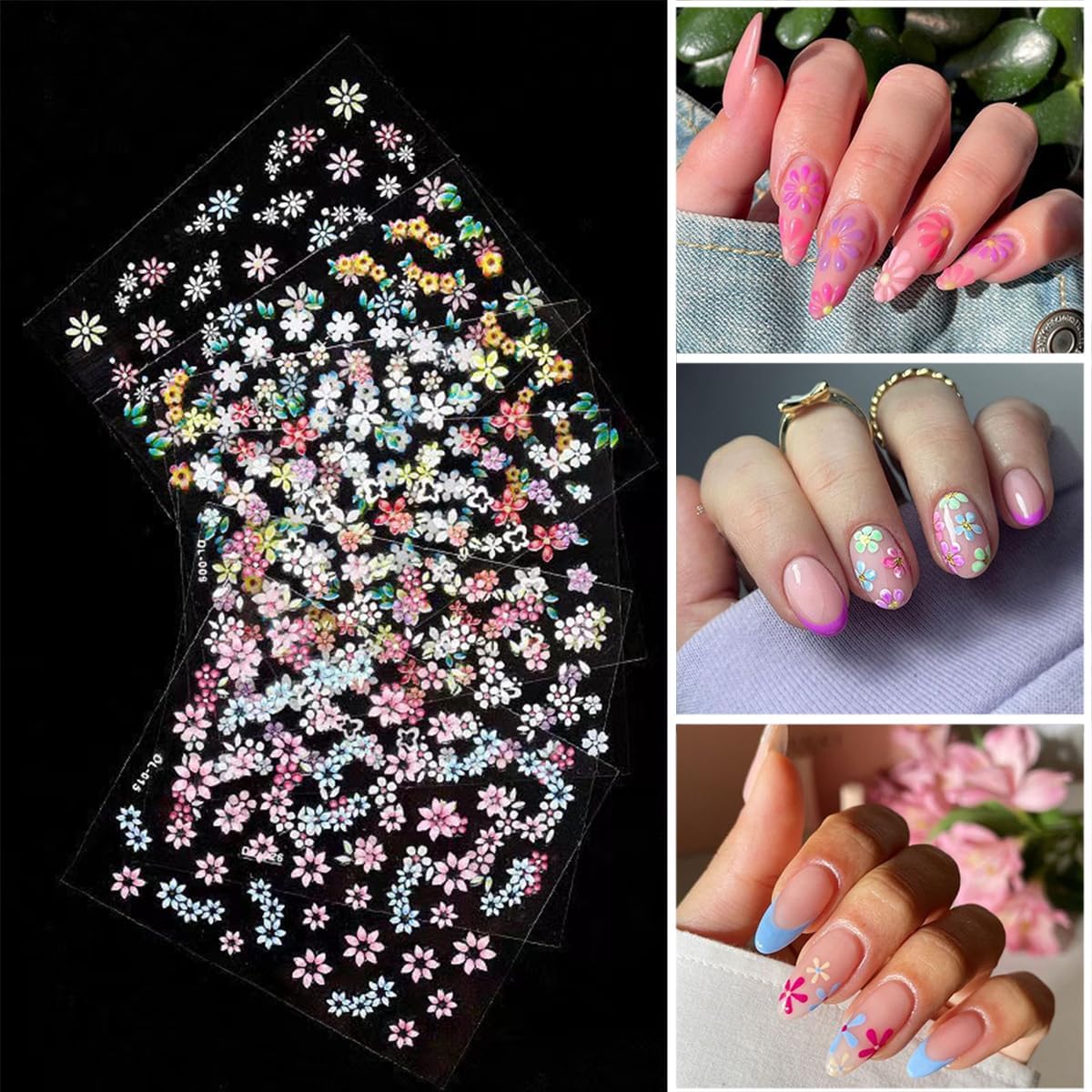 30Sheets Flower Nail Art Stickers White Black Colorful Flowers Nail Decals Daisy Rose Cherry Blossoms Nail Design Supplies 3D Self-Adhesive Floral Nail Stickers for Women DIY Nail Charms Decoration