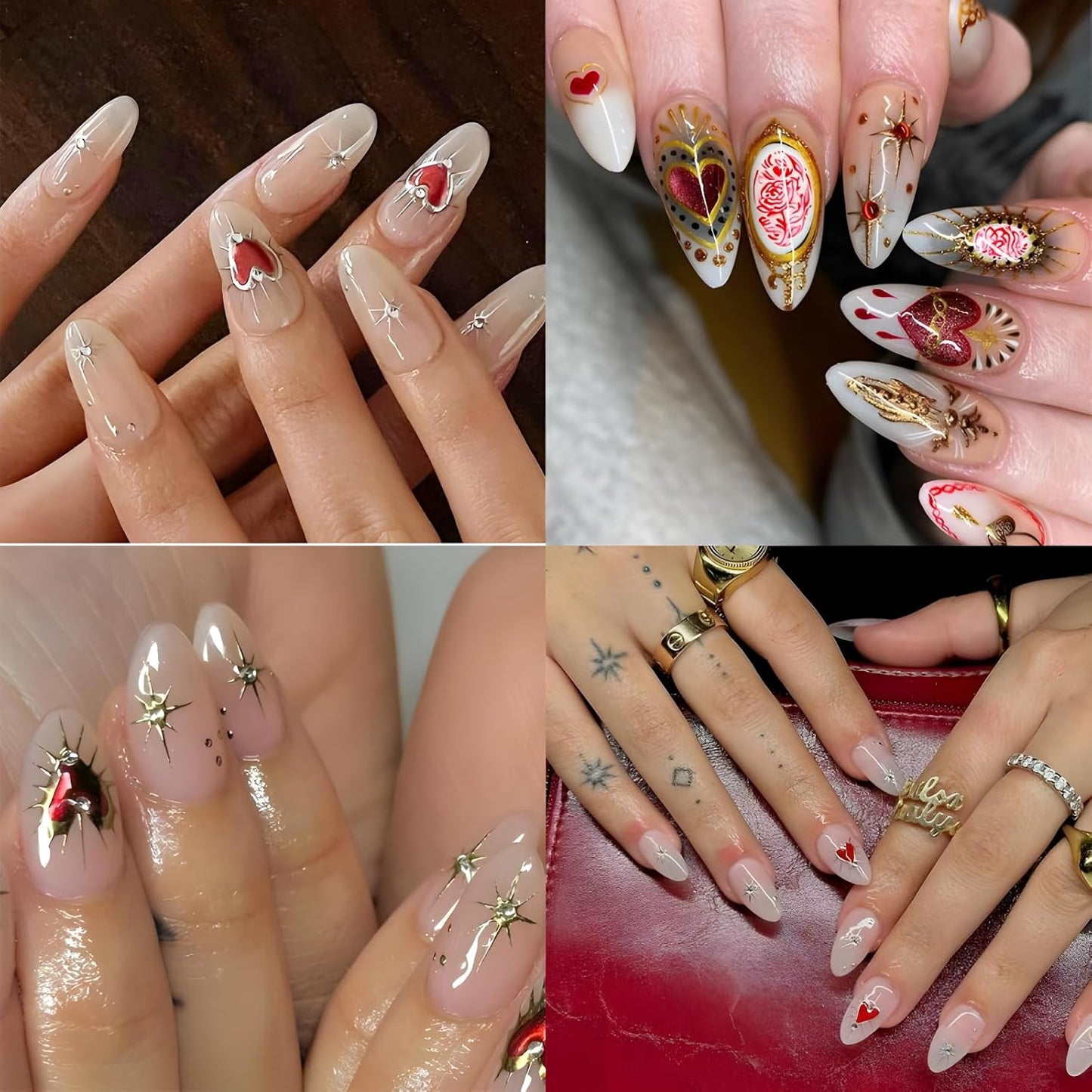 Star Nail Art Stickers - 12 Sheets, 3D Self-Adhesive Gold Moon, Red Heart, Silver Star Designs for Nail Art Decoration