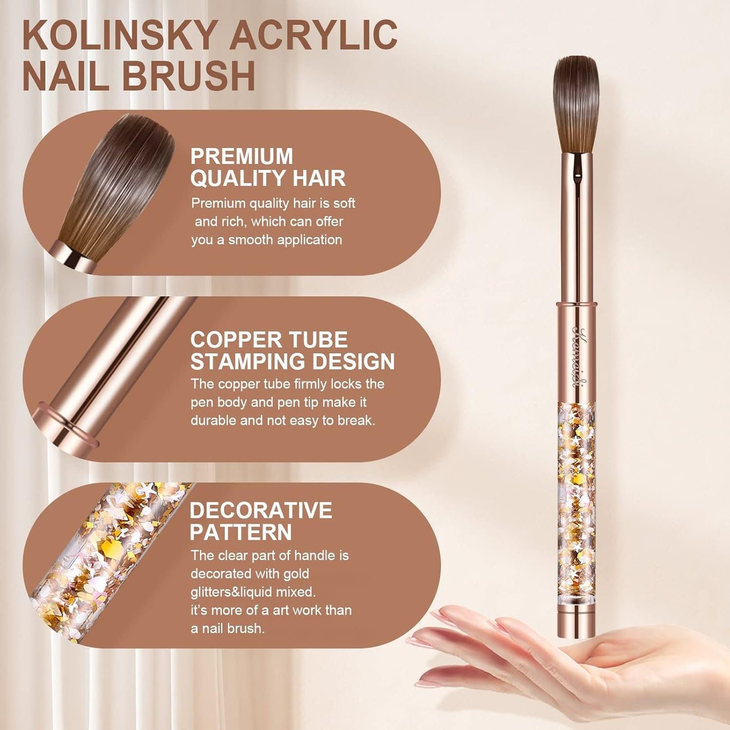 Acrylic Nail Brush Size #16,KEMEISI 100% Pure Kolinsky Nail Art Brushes Sturdy Handle Oval Shaped Acrylic Powder Nail Design Tools for Professional Manicure DIY Home Salon (Gold)