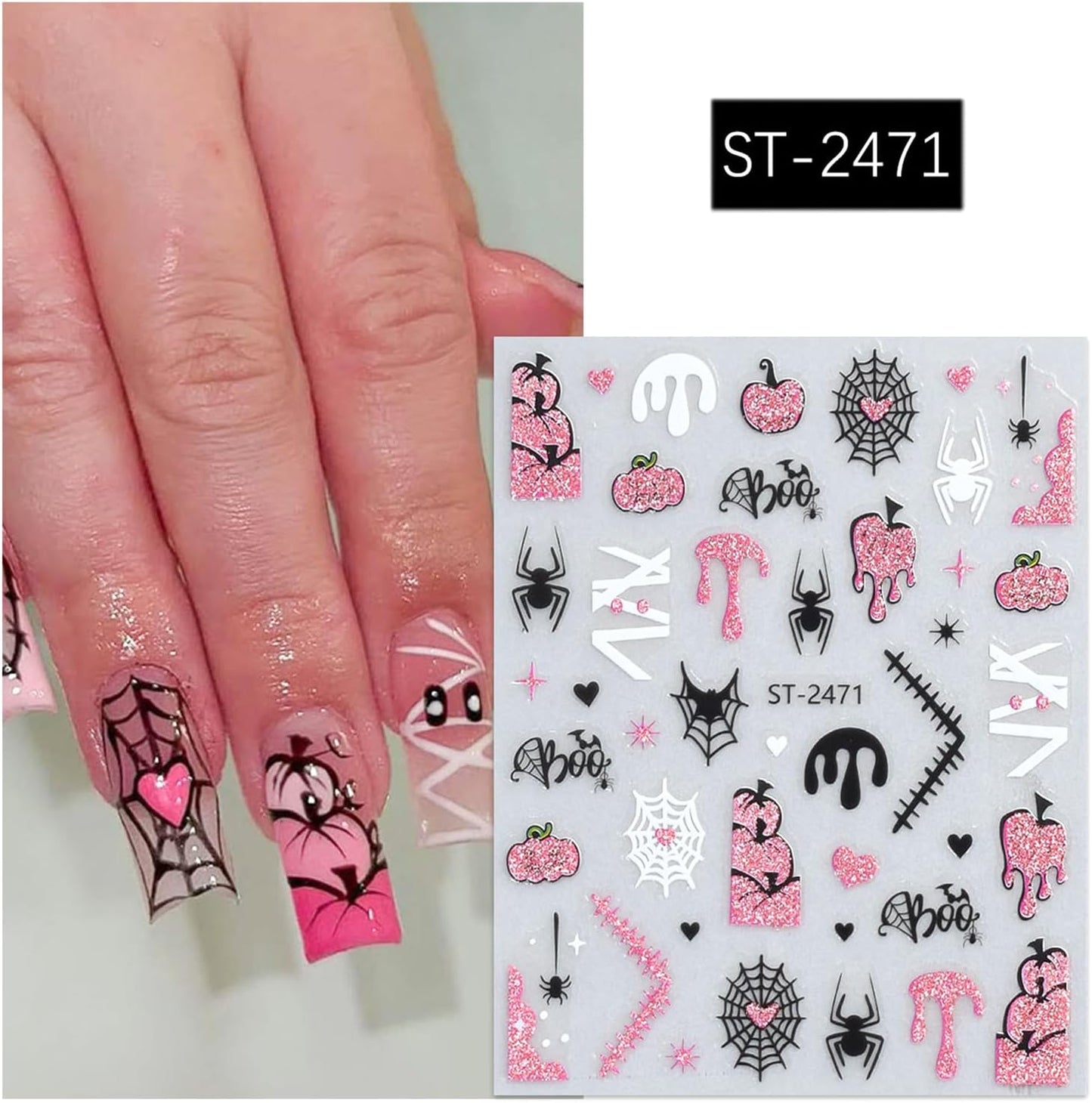 6 Sheets Halloween Nail Stickers Decals Pink Glitter Pumpkin Blood Drop Nail Sticker Black Spider Web Bat Nails Decals Self-Adhesive White Ghost Skull Nails Art Sticker Decal for Women Halloween Decor